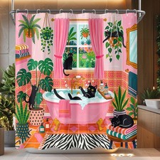 Funny Cat Shower Curtain Boho Cute Fun Black Cats Shower Curtains for Bathroo...