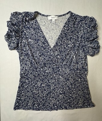 CeCe Blue Floral Puff Sleeve Top Blouse Cross Front Stretch Size Small