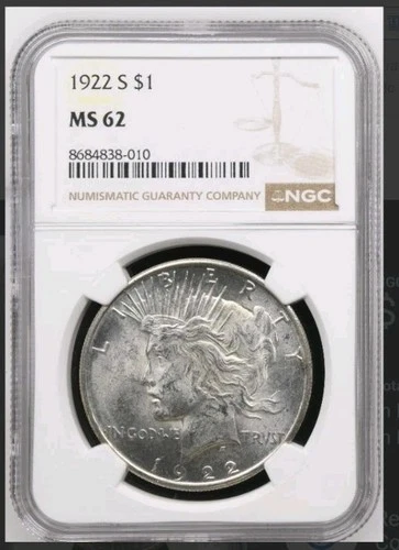 1922-S NGC MS62 Peace Silver Dollar Bx 1 65
