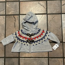 OshKosh B'gosh Baby Girl Fair Isle Hooded Toggle Sweater Hearts Gray 6-9 M