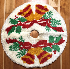 Vintage 35" Round Latch Hook Rug Christmas Tree Skirt White Red Green Bells