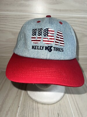 Vintage 90s USA Kelly Tires Snapback Hat Cap K Products Denim Flag