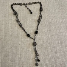 Brighton Lariat Y Necklace Black Clear Beaded Layered Dangle Metal Chain