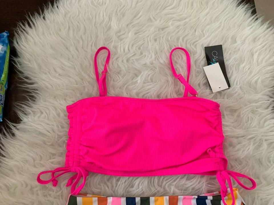 California Waves Juniors S Bikini Set Pink Ribbed Bandeau Ruched Swimwear - Image 2 of 4