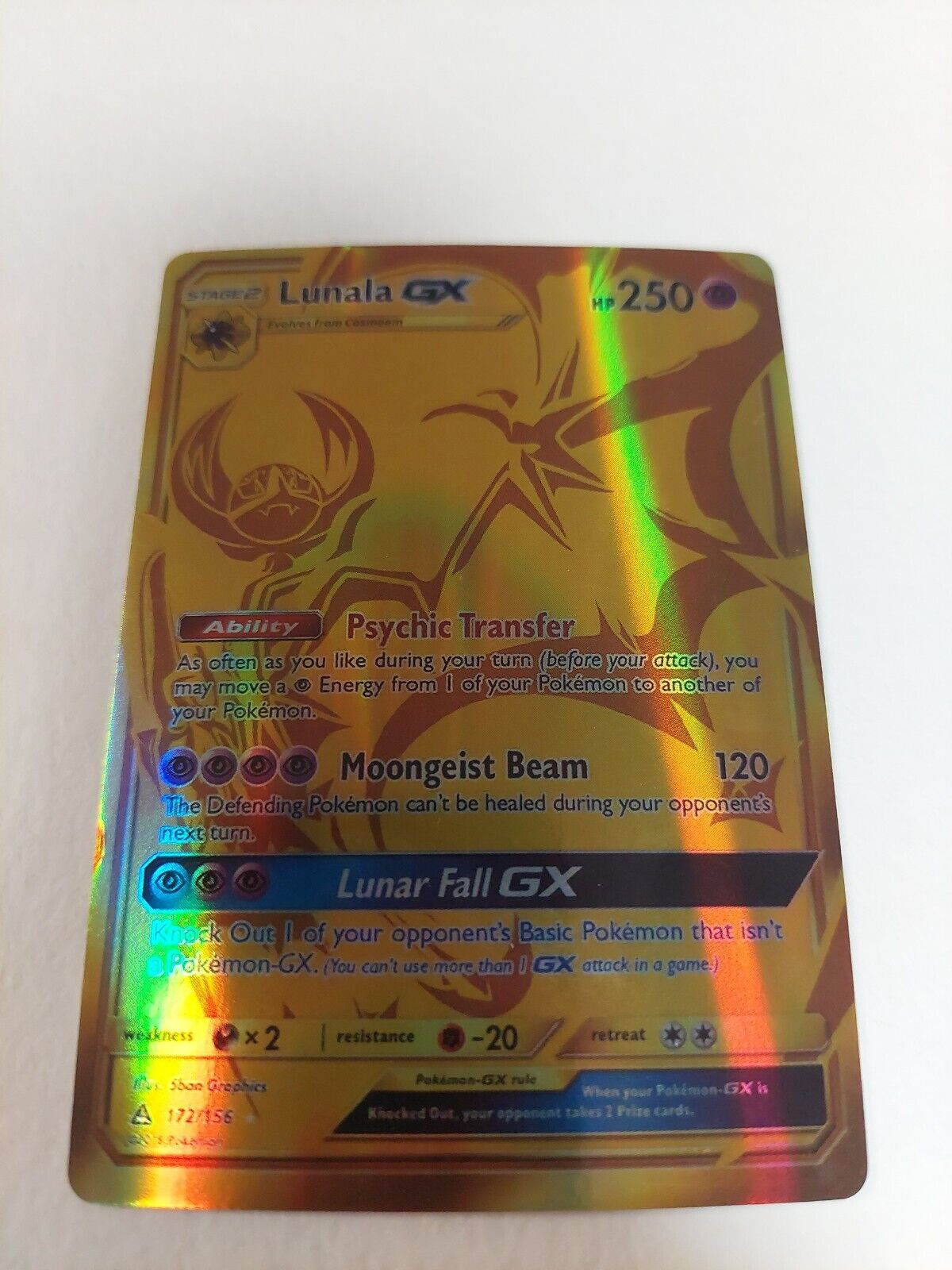 Pokemon Card Lunala GX Gold foil #172/156 Very Good Condition