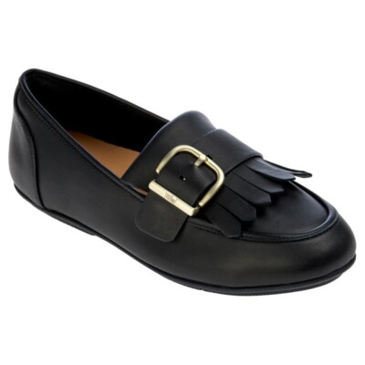 Fitflop Womens Black Leather Loafer Allegro fringe buckled slip on NEW 