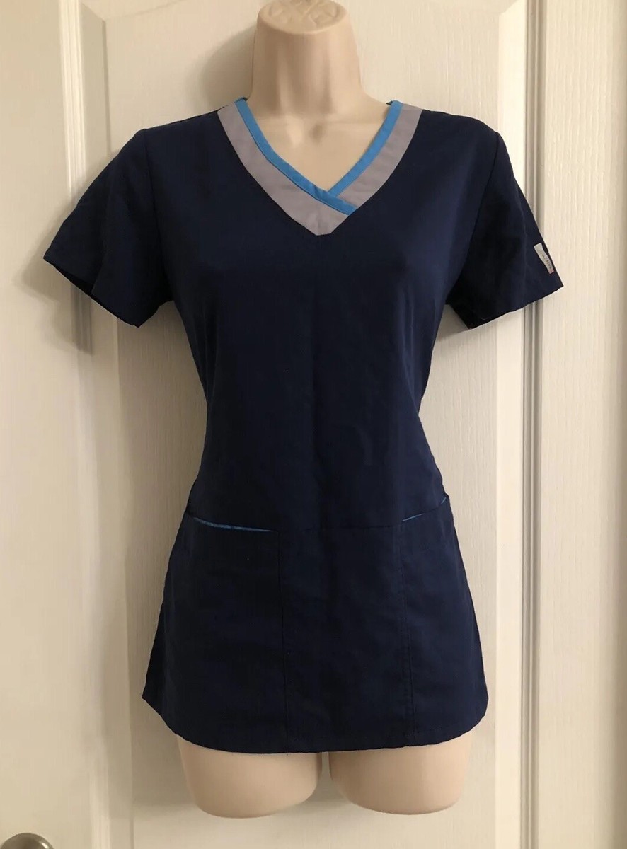 Greys Anatomy by Barco Wmn Sz XS Blue Scrub Top Shirt Front