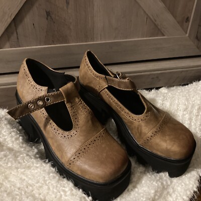 Brown Retro Mary Jane Shoes Platform High Heels Square Toe (New) 