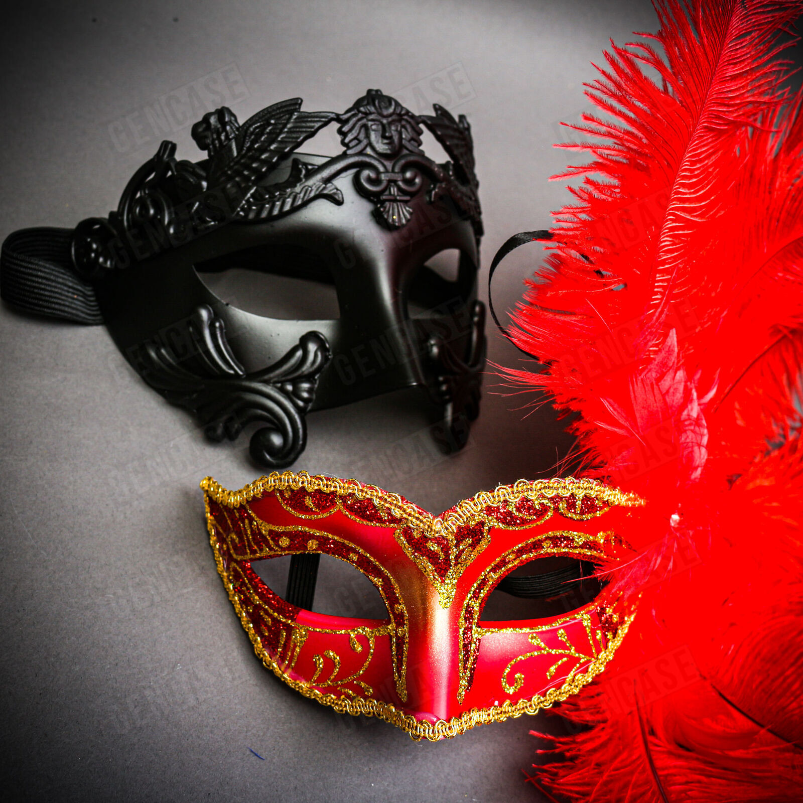 Black Venetian Warrior Half-Face with Gold Red Flurry Feather Couple Mask
