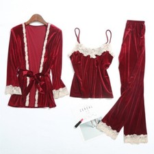 3Pcs Lady Velvet Sleepwear Pajamas Sets Soft Lace Nightwear Loungewear Bathrobe
