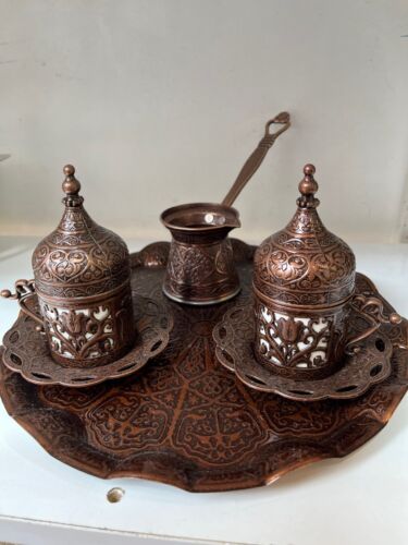 Turkish Greek Arabic Coffee Set, Turkish Coffee Cups , Copper Coffee Pot, Tray - Picture 3 of 16
