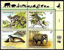 UN (V) 1994 Ocelot Cats White-eye Seal Elephant Endangered Animals Birds blk MNH