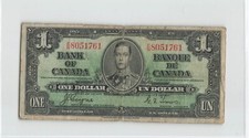 CANADA 1 Dollar 1937, BC-21d Coyne / Towers, F/N 8051761, KGVI.               C1