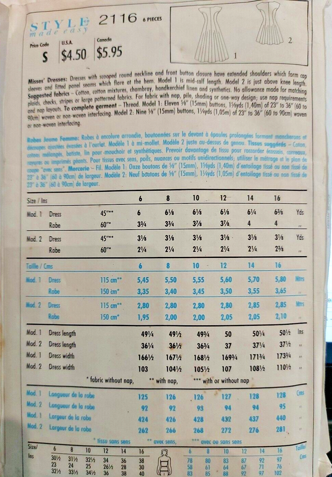 Style Sewing Pattern 2116 Misses 616 Easy Button Front Dress with