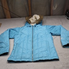 Columbia Convert Down Jacket Girls 14/16 Blue Faux Fur Hood Insulated Puffer