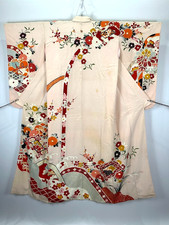 Furisode Long Sleeve Vintage Kimono Japanese Pure Silk Yuzen Kin-sai Chirimen