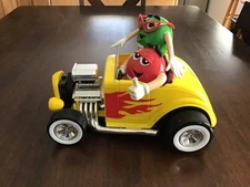 M&M Collectible Hot rod Candy Dispenser WORKS Yellow Ms Green & Red Roadster VTG