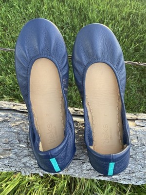 Tieks Women's Blue Leather Ballet Flats US 7 Slip-On Round Toe Logo Accent