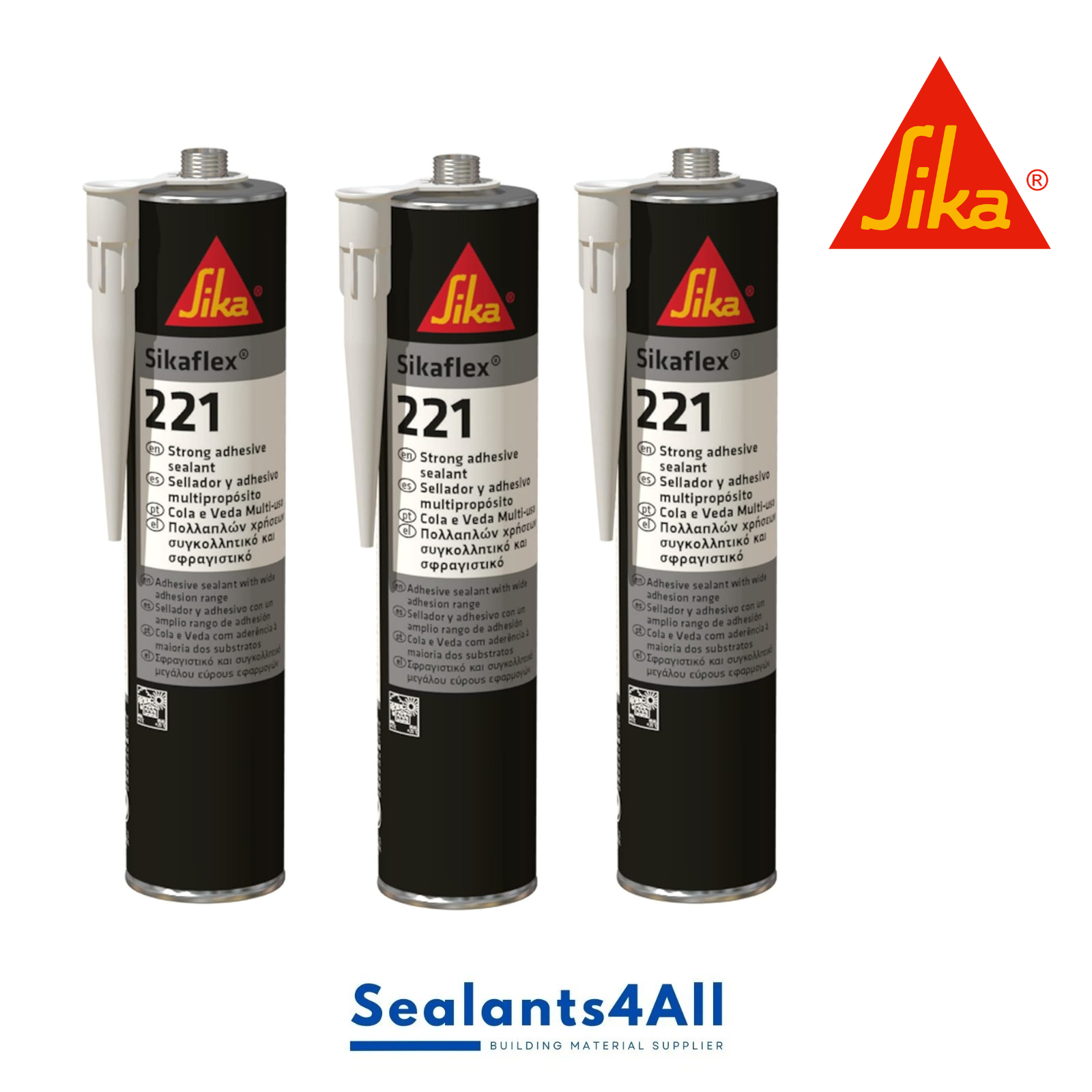 3 x Sikaflex 221 Adhesive Sealant, Black, Expiry 10/26 - 300ml
