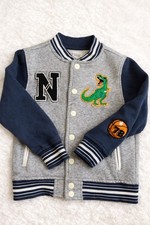 H M Boys' Varsity Bomber Jacket Grey Navy T-Rex / Basketball Size 4-6Y