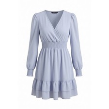 SHEIN Light Blue Long Sleeve V-Neck Smocked Waist Ruffle Hem Mini Dress Small