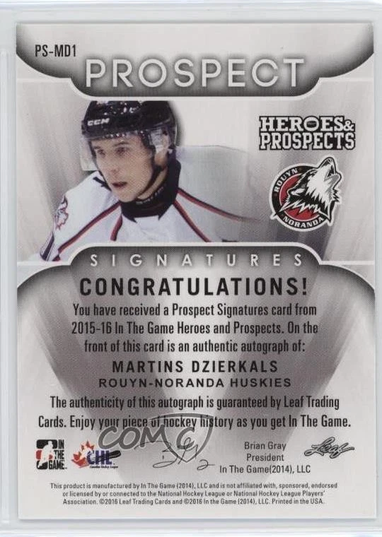 2015-16 Leaf ITG Heroes & Prospects Prospect Platinum /5 Martins Dzierkals Auto - Image 2 of 2