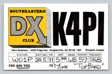 Ham Radio QSL K4PI Douglasville GA USA 1991 1.8 MHz SSB Southeastern DX Club