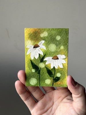 ACEO Original Daisy Flower Bokeh Watercolor Art by Binah Mayim 