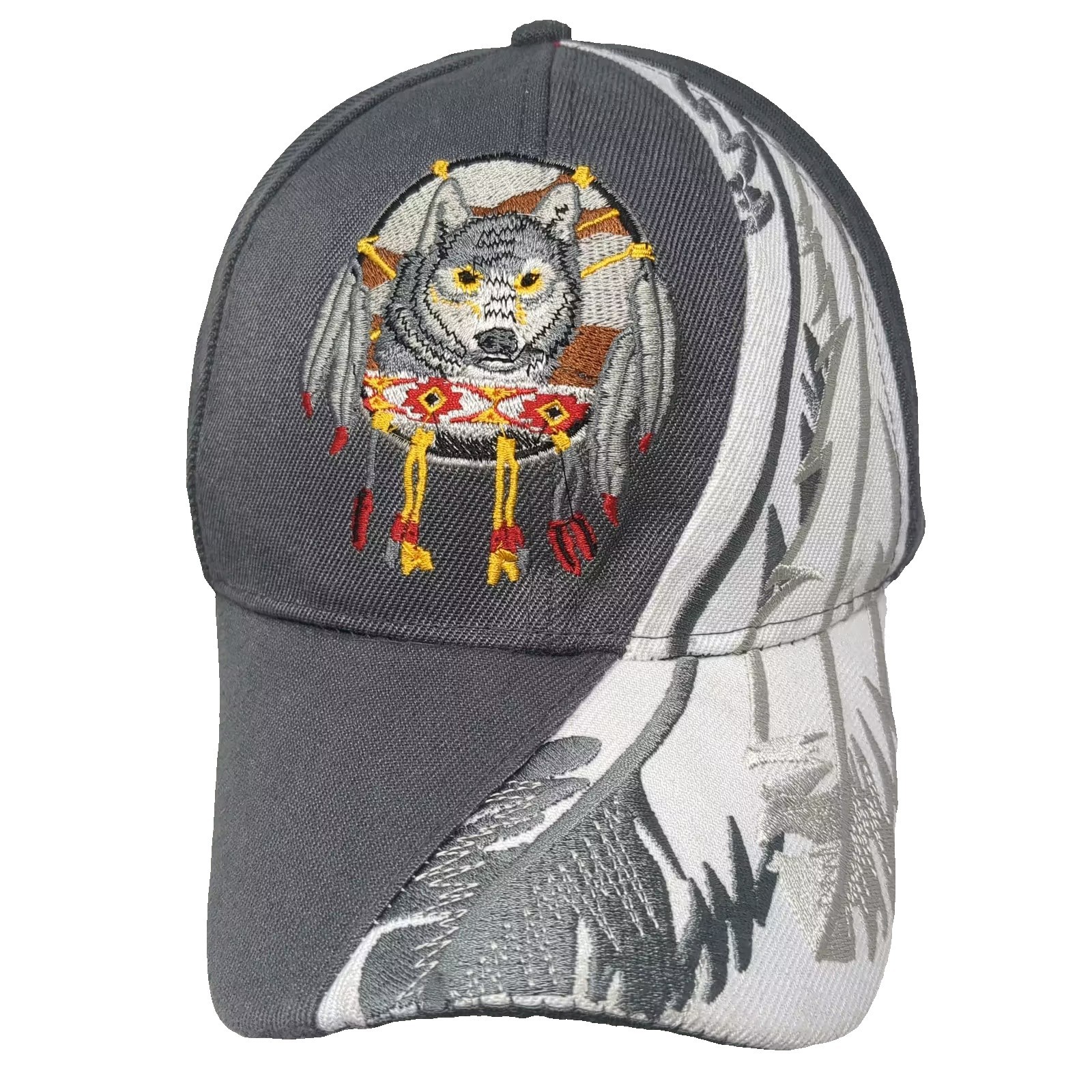 Gray White Baseball Cap OS Wolf Dreamcatcher Embr… - image 1