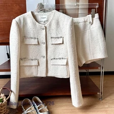French Style 2pcs Set Womens Round Neck Long Sleeve Tweed Jacket Shorts Pants sz