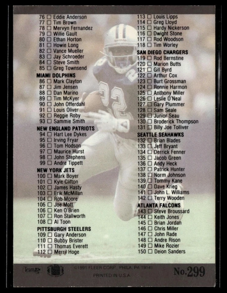 1991 Ultra #299 Checklist: 1-150 (Emmitt Smith, Randall Cunningham) - Image 2 of 2