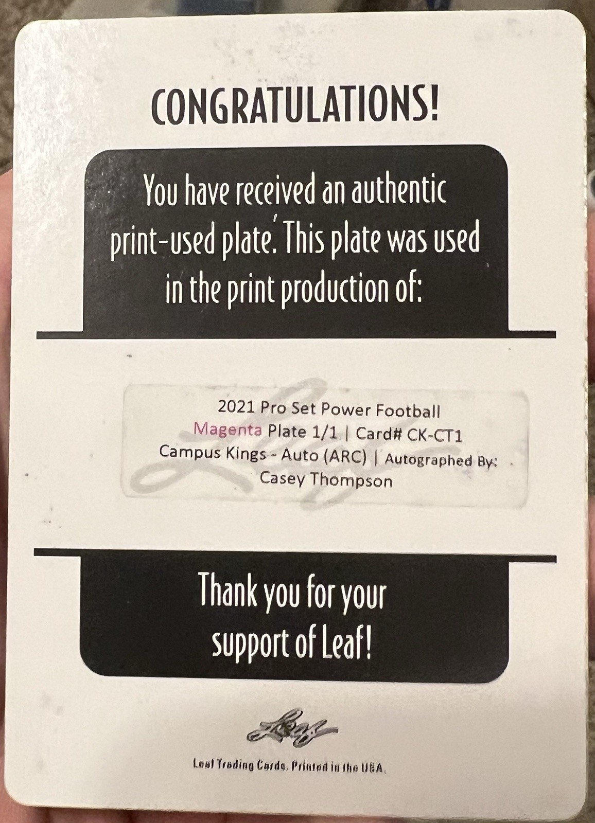Casey Thompson 2021 Pro Set Power Football Magenta Plate Auto 1/1 view 2