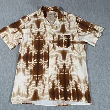 OAS Shirt Mens Medium Brown White Tie Dye Camp Collar Viscose Casual
