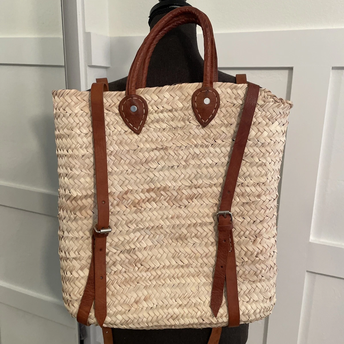 Straw Beach bag with leather strap - Straw backpack - Hipster backpack -  15/14in