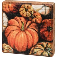 Primitives by Kathy Fall Block Sign Pumpkins Rustic  Halloween Tier Tray Decor