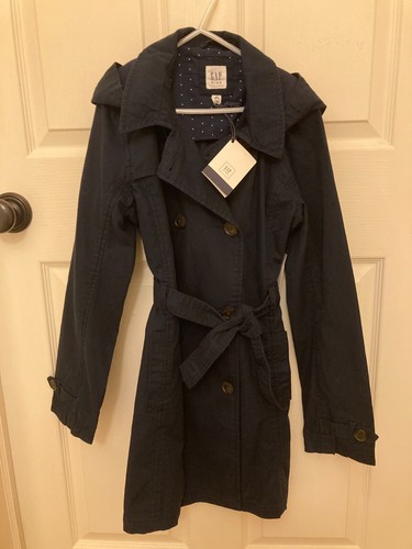 GAP KIDS Girl's Navy Double-Breasted Trench Jacket Removable Hood Size 14-16 NWT