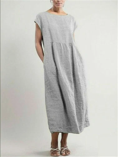 Camicia abito bohémien donna casual estate cotone lino tasca abito MIDI sciolto - Foto 7 di 20