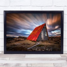 Red Roof Sky Barn Shed Cabin House Building Torn Worn Landscape Wall Art Print