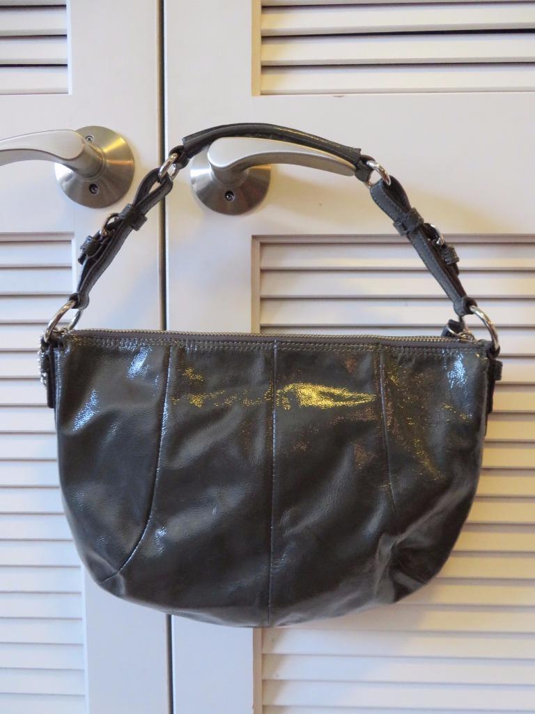 WOMENS COACH DARK GRAY PATENT LEATHER SHOULDER BAG W/ZIP CLOSURE