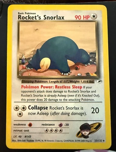 Rocket’s Snorlax 33/132 Vintage Rare Pokemon Card- Gym Heroes