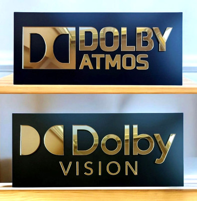 Dolby Atmos Vision Schild Gold Acryl Heimkino Plakette Film Medien Kino Raum