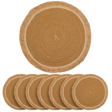 13.8 in Round Woven Boho Placemats Set of 8, Washable 13.8 Inch Set of 8 Khaki