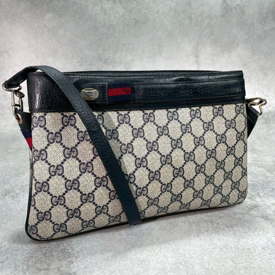 GUCCI Sherry Line GG Supreme Shoulder bag Vintage Navy PVC Used From Japan