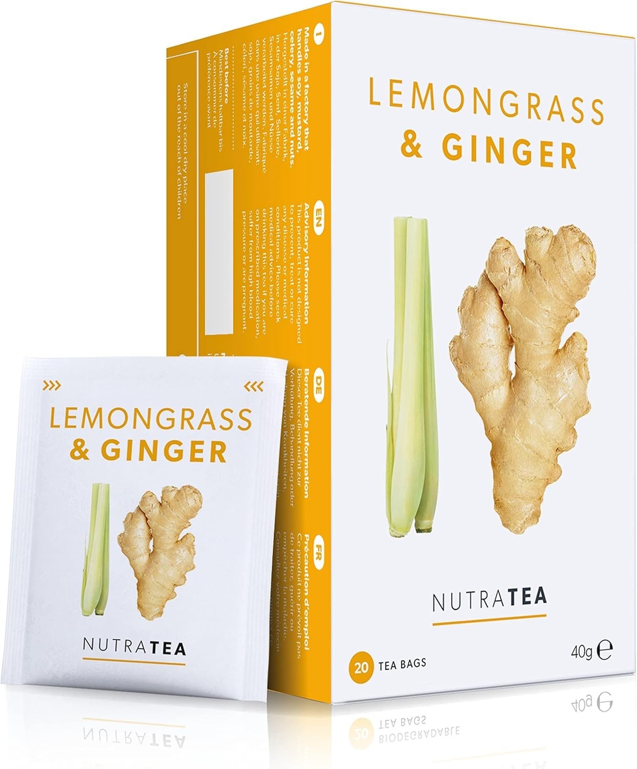 NutraTea Lemongrass & Ginger Herbal Tea 20 Bags Caffeine Free Digestion Immunity