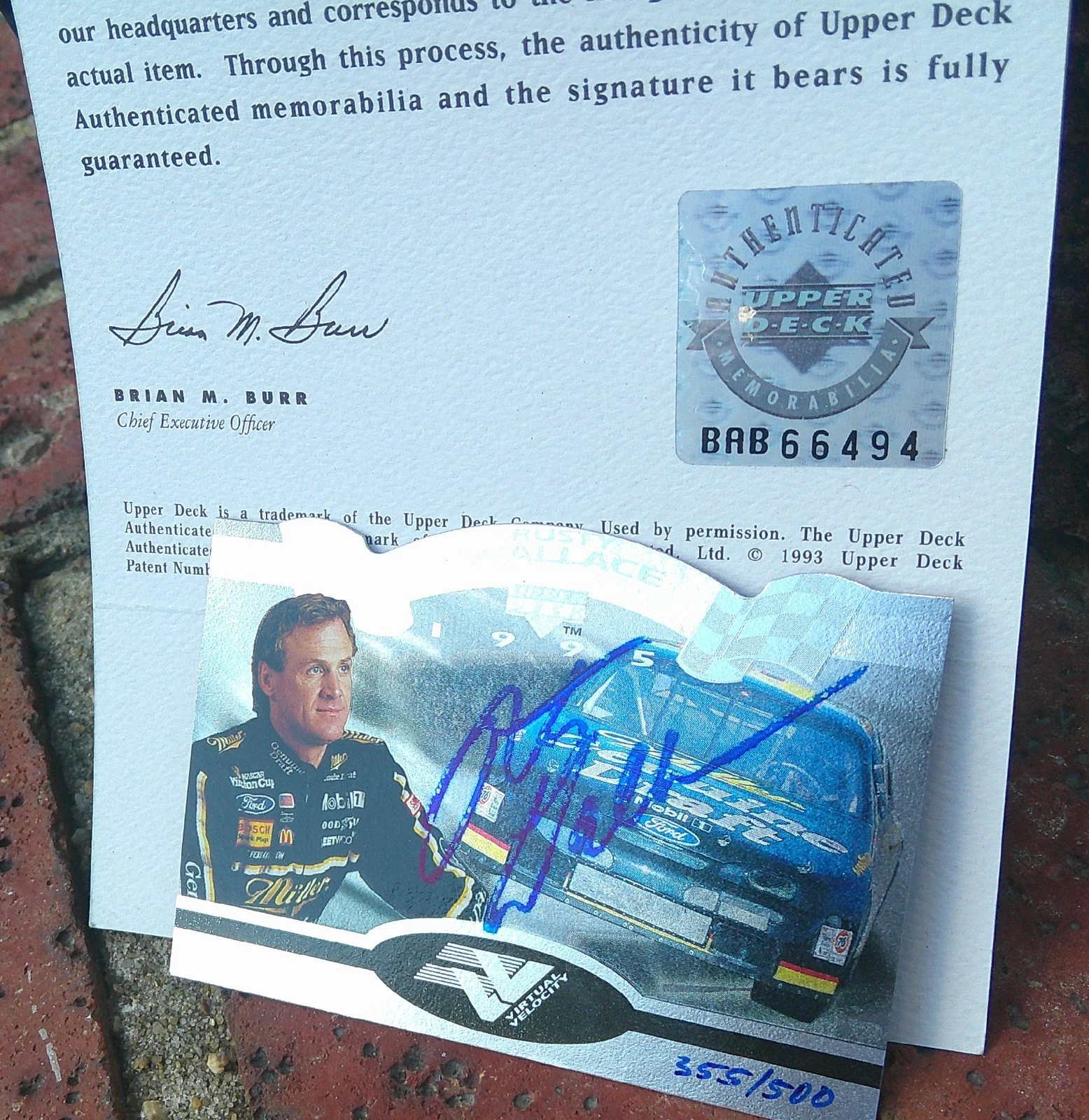 RUSTY WALLACE Authentic Autograph 355/500 -  1995 UPPER DECK / Virtual Velocity