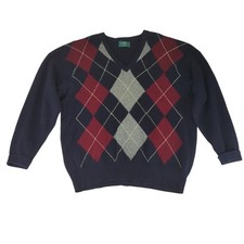 Alan Paine Pure Lambswool V-neck Sweater Argyle Navy Blue Red Preppy US Men's XL