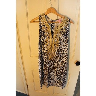 Lilly Pulitzer Carlotta Nauti Navy Boho Bateau Gold Cording Shift Dress Size 8