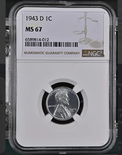 :1943-D 1C LINCOLN STEEL CENT NGC MS67 BRIGHT & SHINING RARITY R2 HIGHEST GRADES