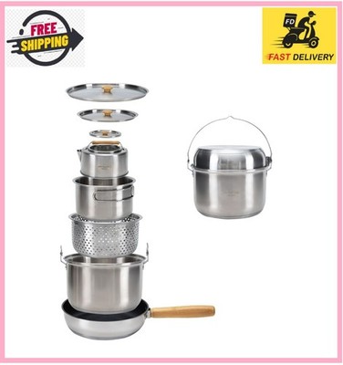 Camping Cookware Set 304 Stainless Steel Campfire Cooking Pots Pan and Kettle