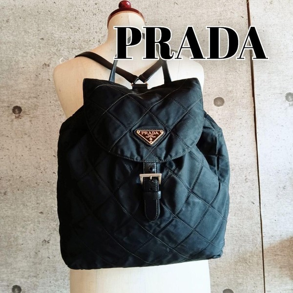 Auth PRADA BACKPACK Quilted Nylon Leather Vintage Drawstring Black Lightweight